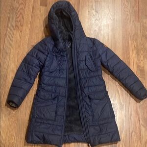 Save the Duck Navy Hooded Puffer Coat with faux fur lining